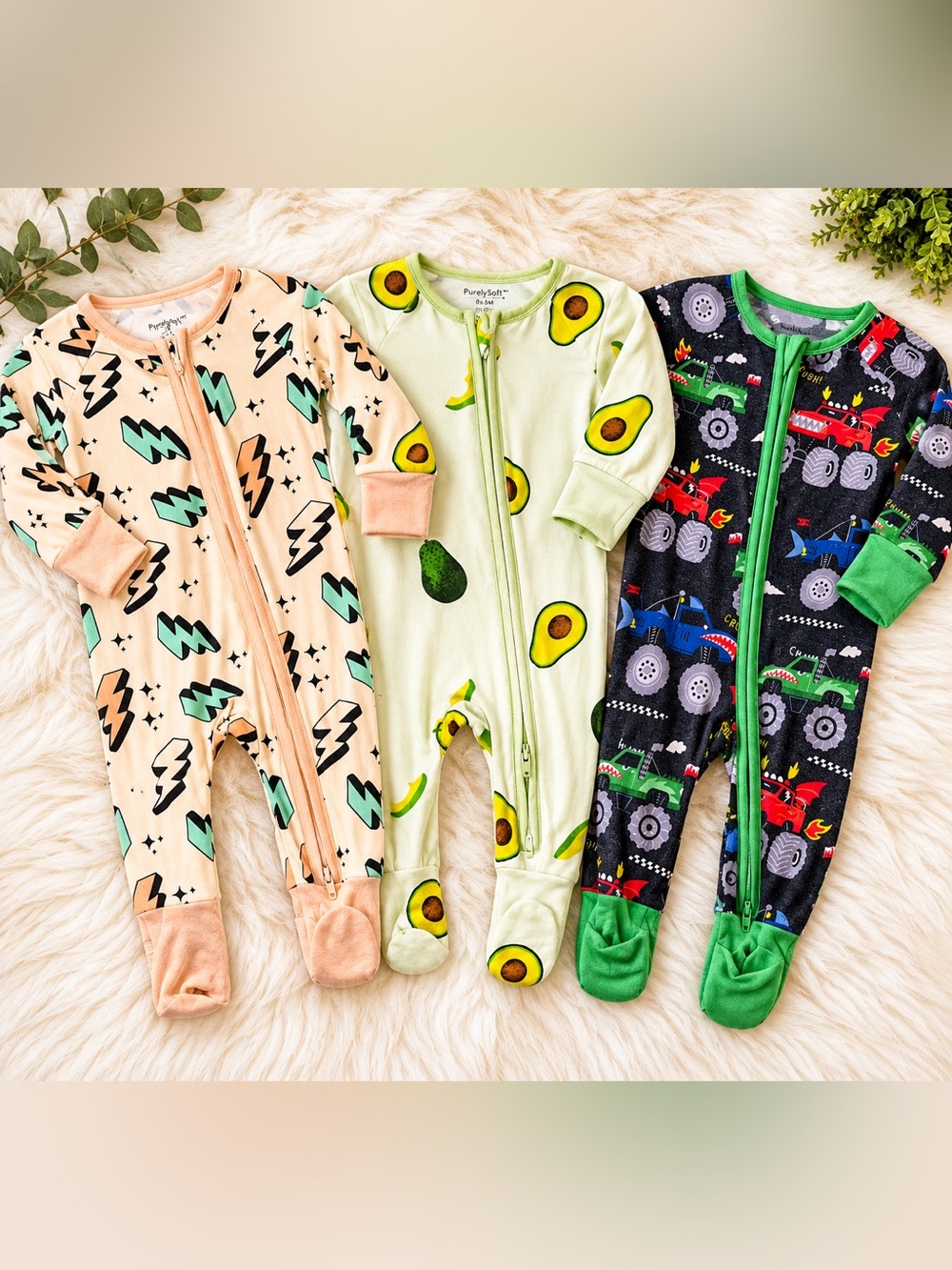 3-Piece Bamboo Sleeper Bundle | Lightning Bolts, Avocado & Monster Truck Prints
